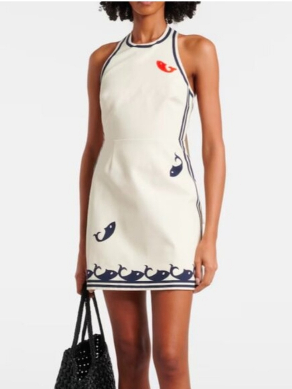 Alemais Cream Halter Mini Dress with Navy Whale Motif